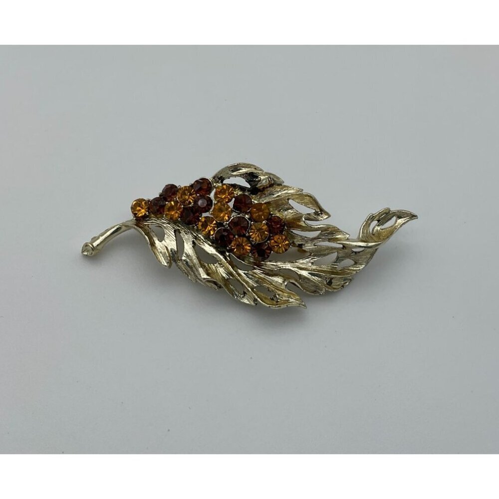 Vintage Autumn Leaf 3 in Brooch Amber & Brown Rhinestones Elegant Fall Fashion